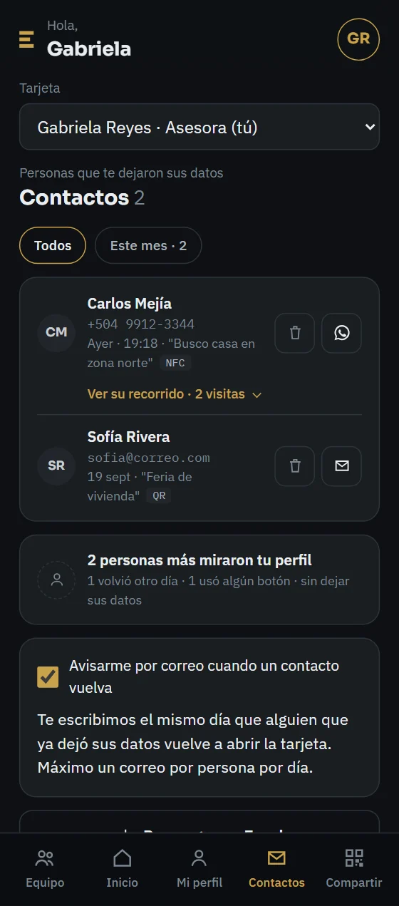 Pantalla de contactos: cada persona que dejó sus datos, con su mensaje y cómo llegó a tu perfil