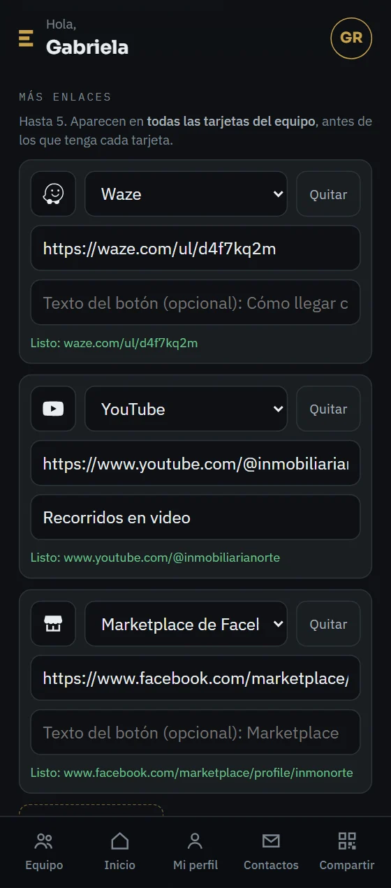 Pantalla de datos de la empresa: Más enlaces con Waze, YouTube y Marketplace, que aparecen en todas las tarjetas del equipo